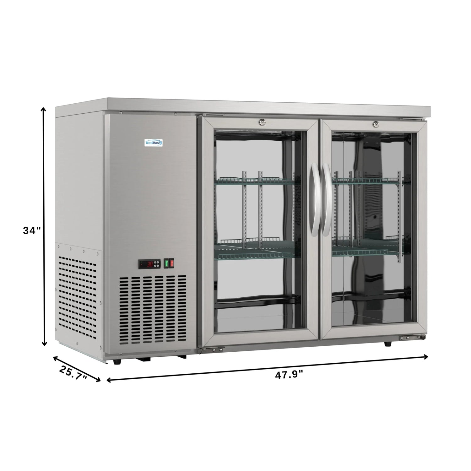 Commercial Two Glass Door Back Bar Cooler Refrigerator with Side Condenser and Compressor, LED Lighting, 11 Cu. Ft Capacity, 47 In.