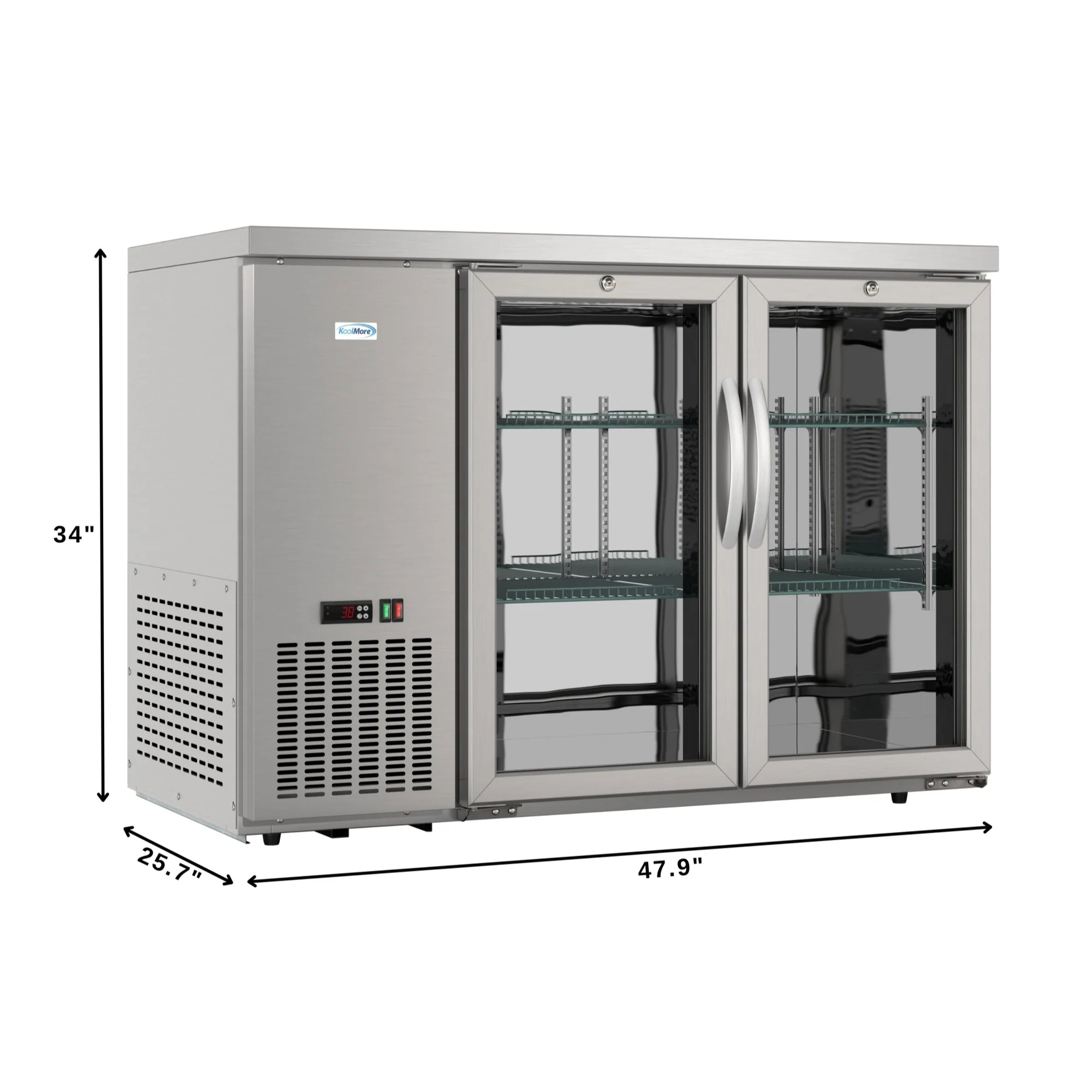 Commercial Two Glass Door Back Bar Cooler Refrigerator with Side Condenser and Compressor, LED Lighting, 11 Cu. Ft Capacity, 47 In.
