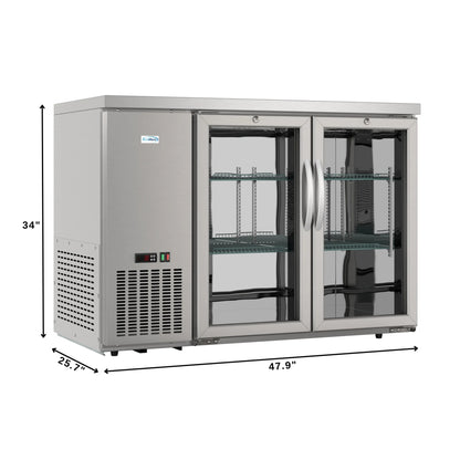 Commercial Two Glass Door Back Bar Cooler Refrigerator with Side Condenser and Compressor, LED Lighting, 11 Cu. Ft Capacity, 47 In.