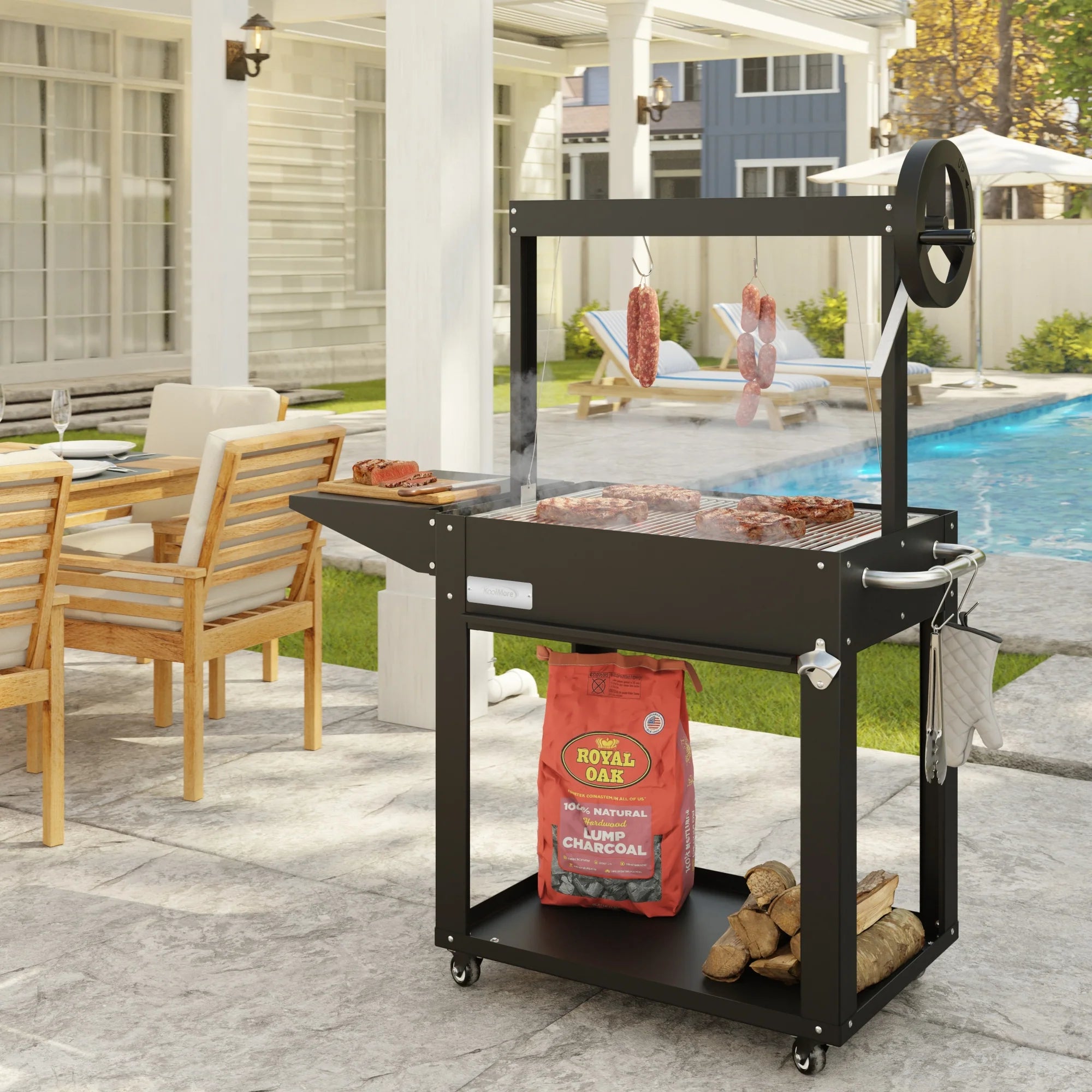 Argentine Charcoal Grill, Adjustable Grate Outdoor BBQ, in Black, 50 In.