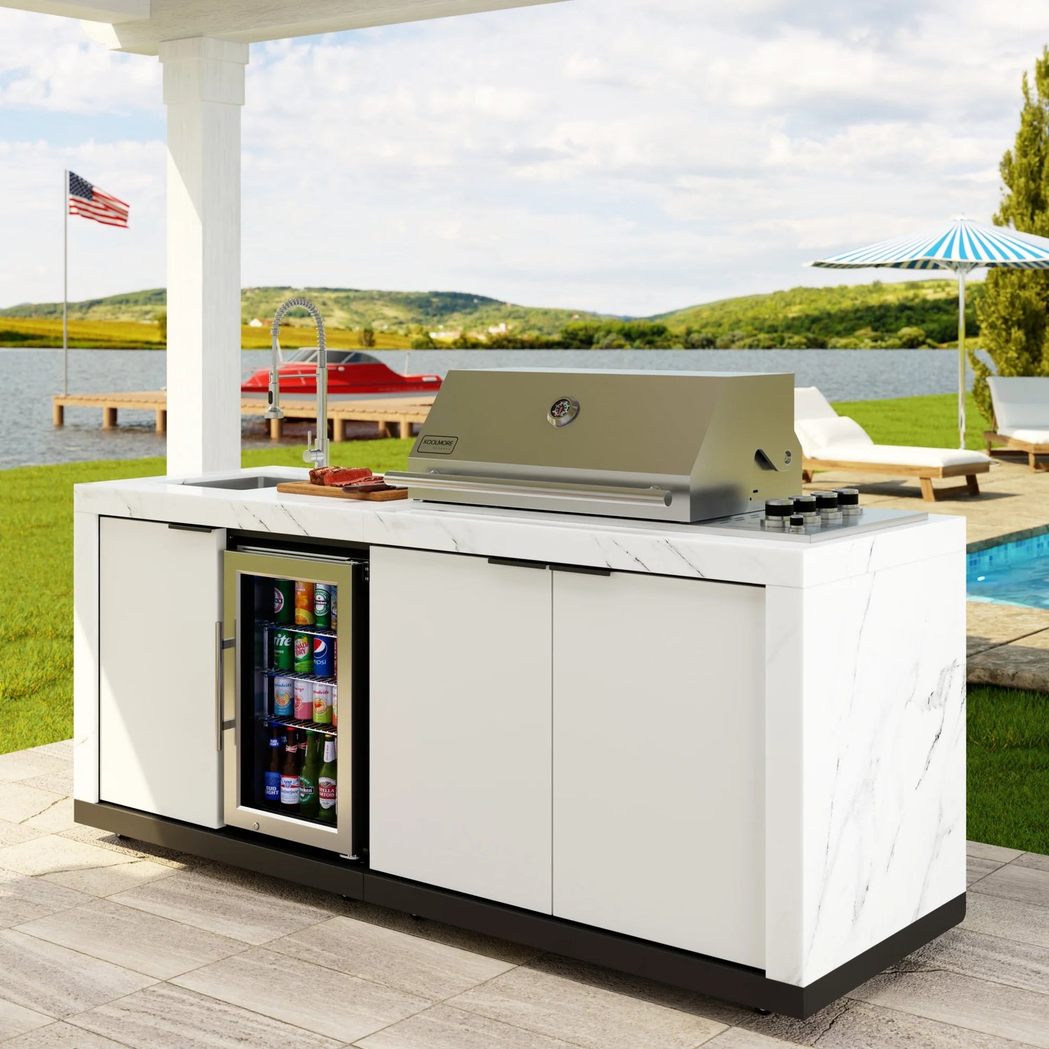 Outdoor Kitchen Suite with White Stone Counters and Sides, 4-Burner Grill, Stainless Steel Sink and Faucet, 83 In.