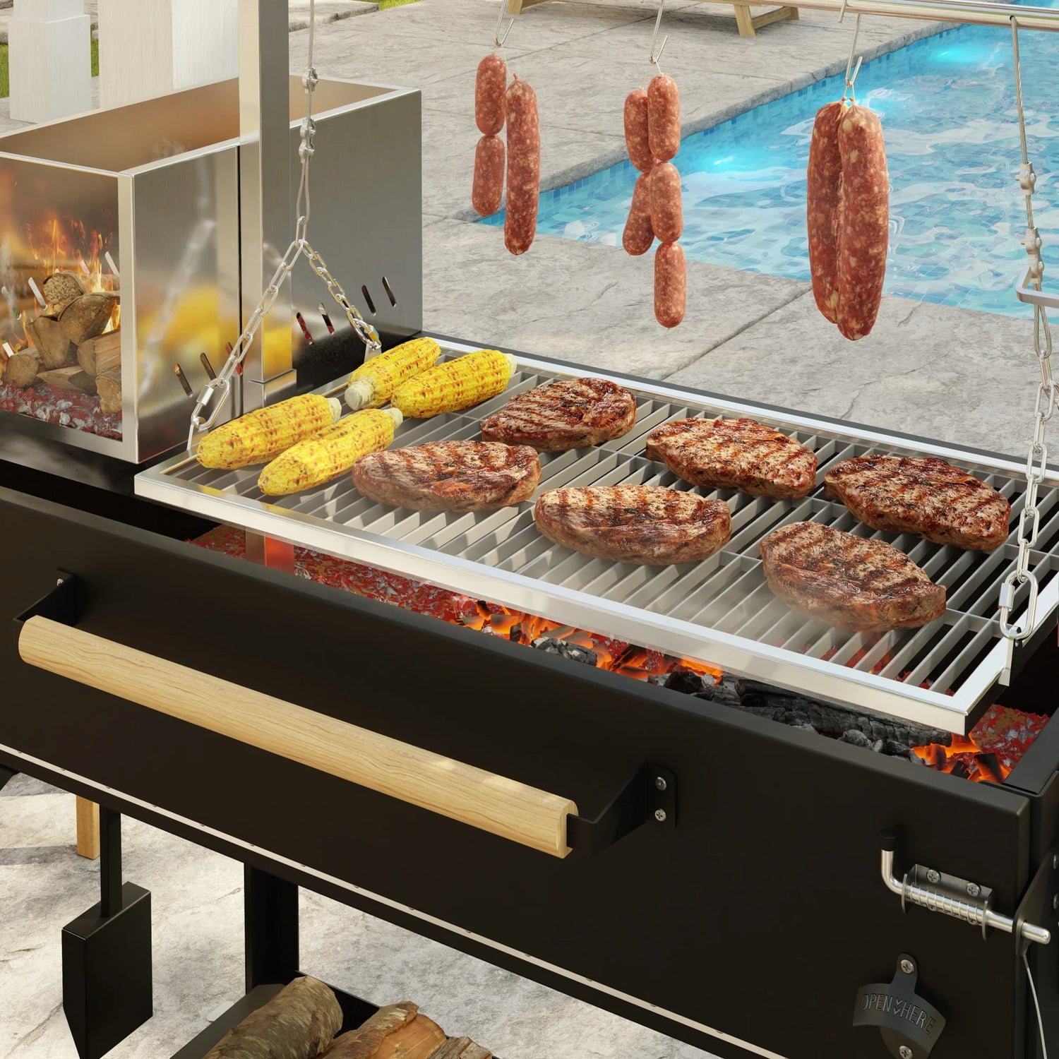 Argentine Santa Maria Charcoal and Wood Grill, Adjustable Outdoor BBQ, in Black, 72 In.
