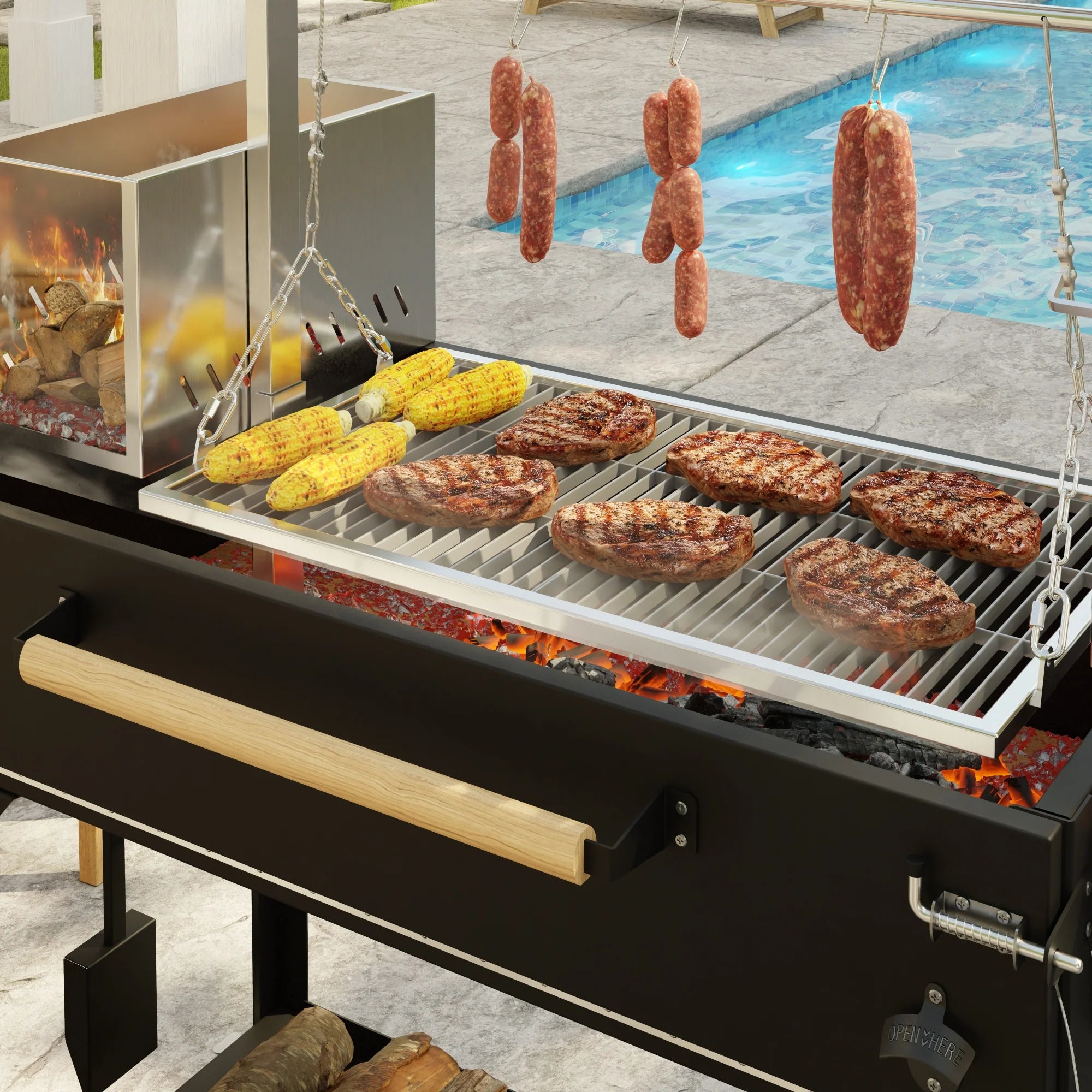 Argentine Santa Maria Charcoal and Wood Grill, Adjustable Outdoor BBQ, in Black, 72 In.