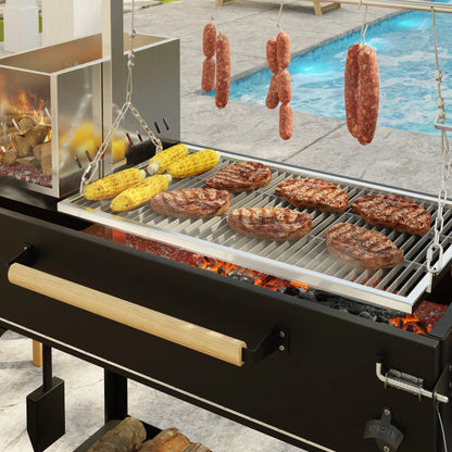 Argentine Santa Maria Charcoal and Wood Grill, Adjustable Outdoor BBQ, in Black, 72 In.