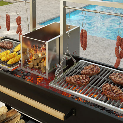 Argentine Santa Maria Charcoal and Wood Grill, Adjustable Outdoor BBQ, in Black, 92 In.