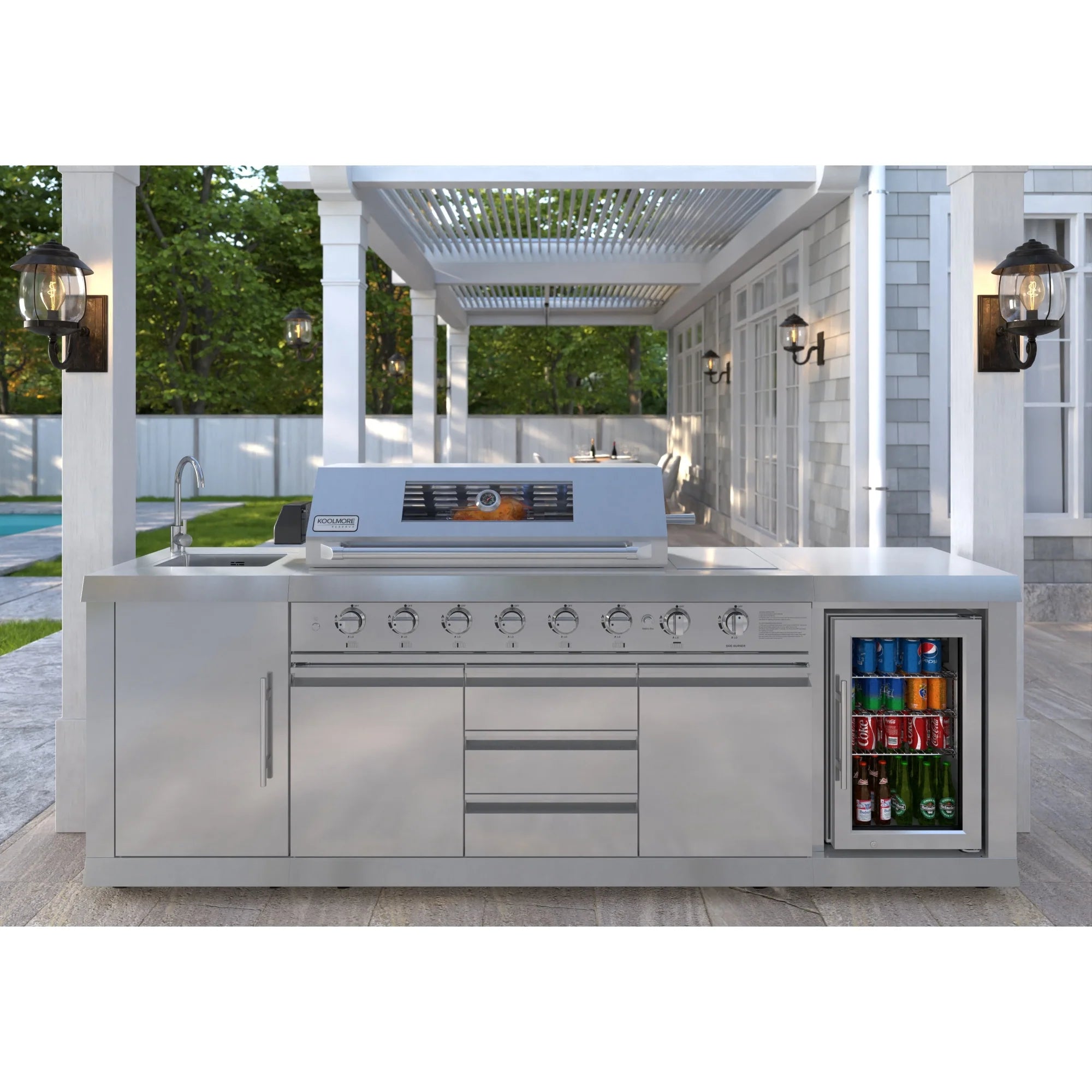 KoolMore Reserve Outdoor Kitchen Island with 6 Burner Grill and Side Burner, Sink, Storage Cabinet and Beverage Refrigerator in Stainless-Steel