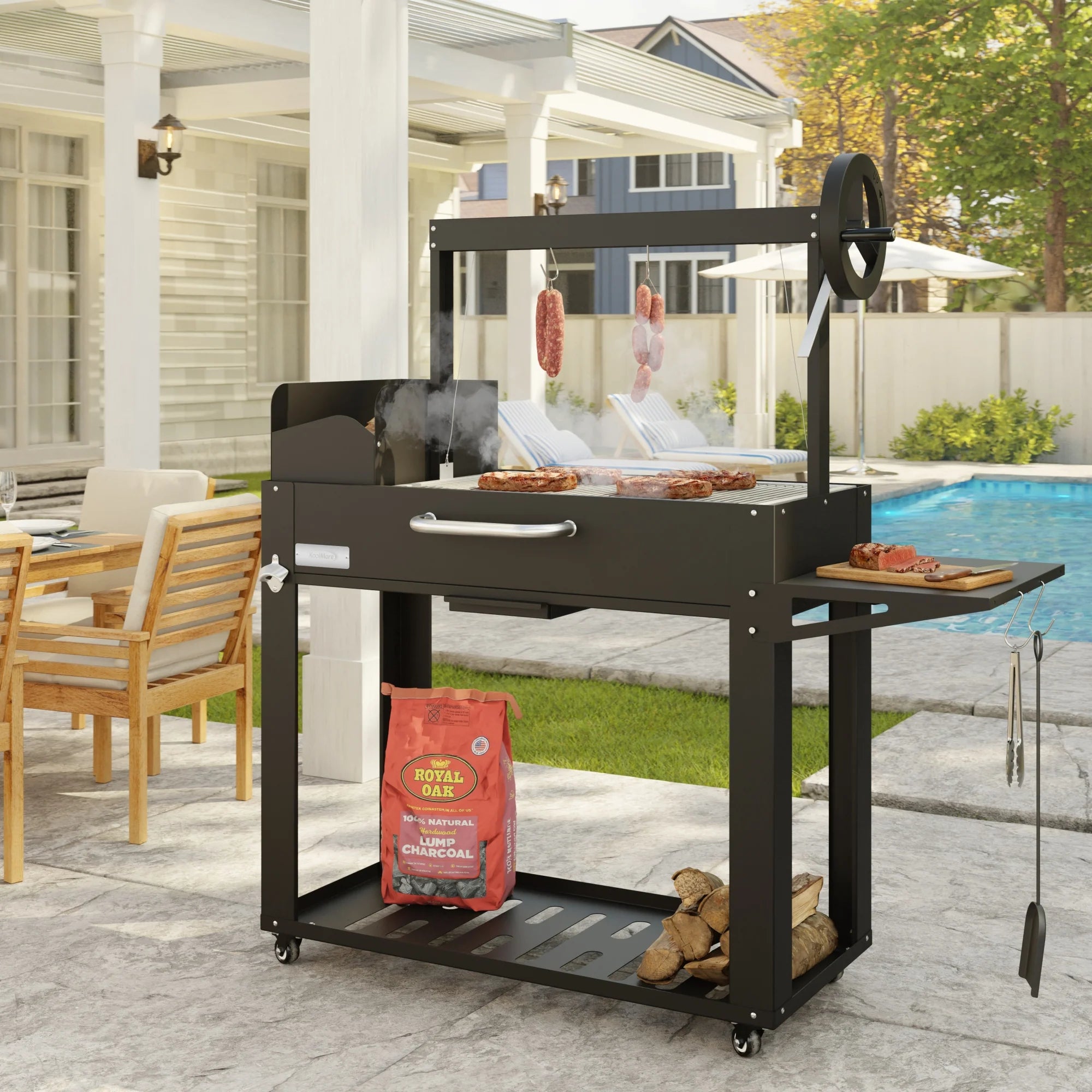 Argentine Charcoal Grill, Adjustable Grate Outdoor BBQ, in Black, 54 In.