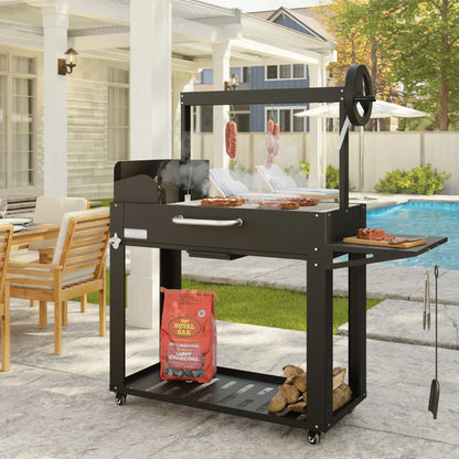 Argentine Charcoal Grill, Adjustable Grate Outdoor BBQ, in Black, 54 In.