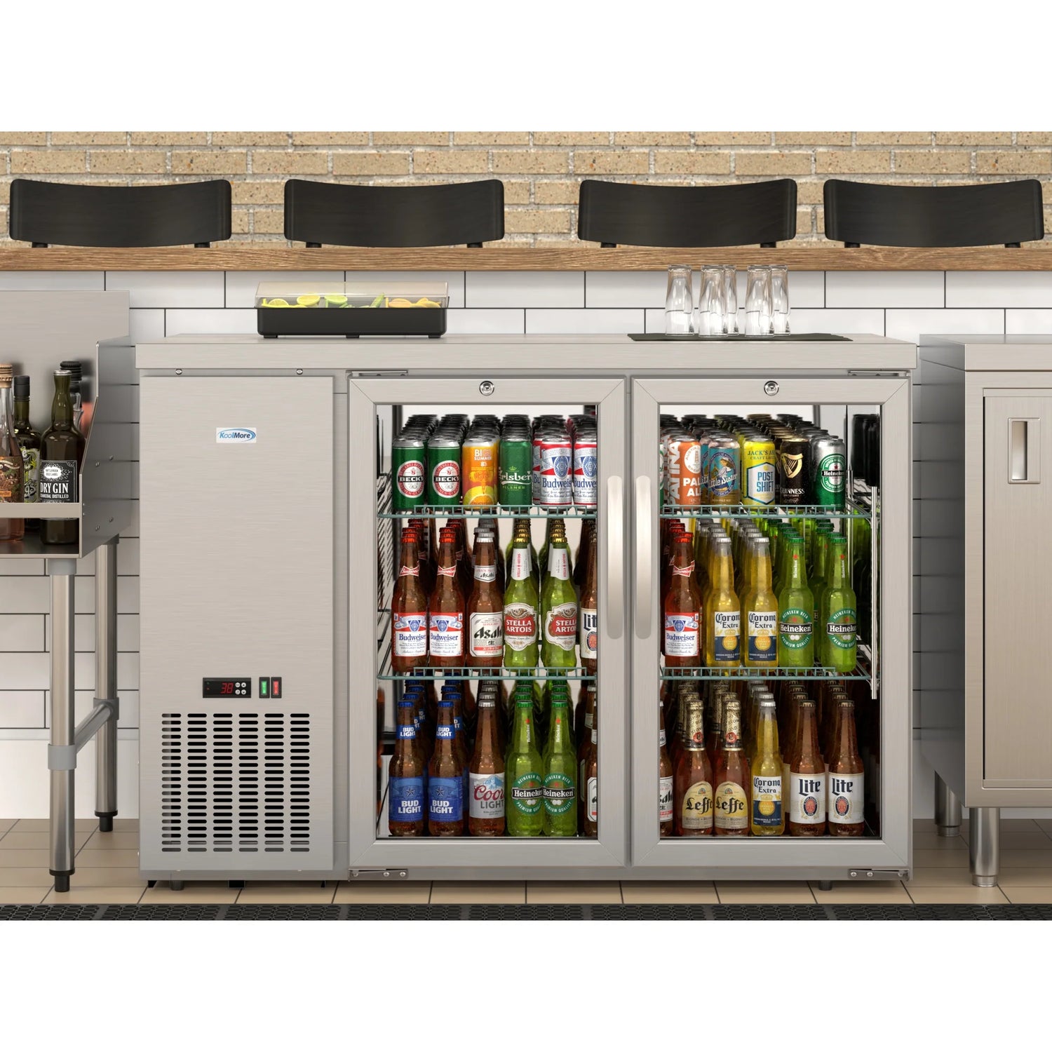 Commercial Two Glass Door Back Bar Cooler Refrigerator with Side Condenser and Compressor, LED Lighting, 11 Cu. Ft Capacity, 47 In.