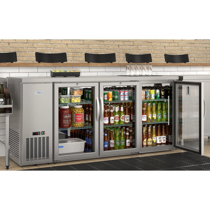 72" 3-Door Back Bar Cooler – 18 Cu. Ft LED Fridge