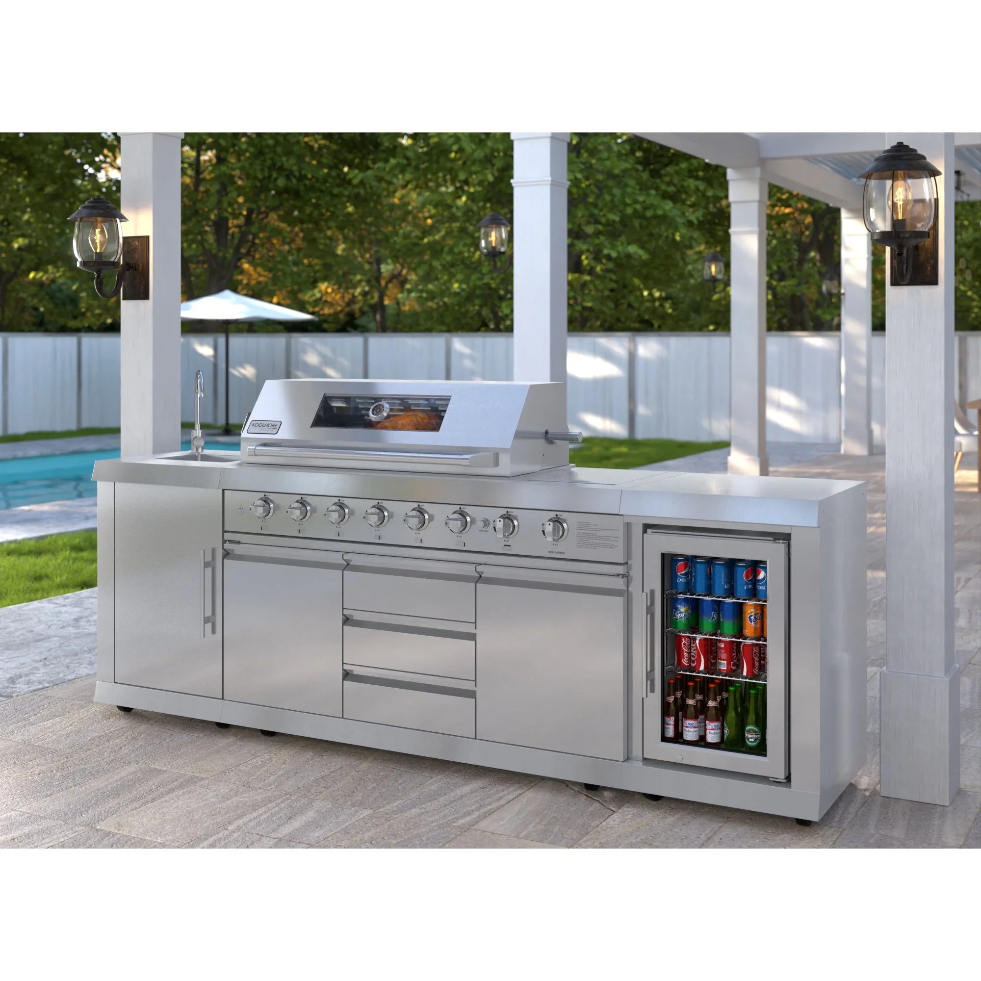 KoolMore Reserve Outdoor Kitchen Island with 6 Burner Grill and Side Burner, Sink, Storage Cabinet and Beverage Refrigerator in Stainless-Steel