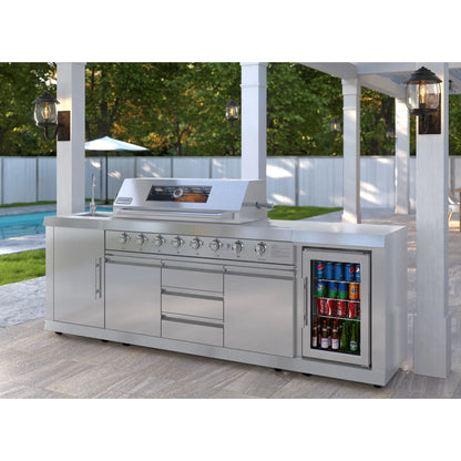 KoolMore Reserve Outdoor Kitchen Island with 6 Burner Grill and Side Burner, Sink, Storage Cabinet and Beverage Refrigerator in Stainless-Steel