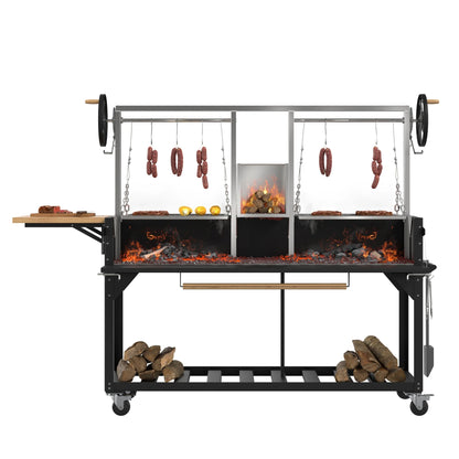 Argentine Santa Maria Charcoal and Wood Grill, Adjustable Outdoor BBQ, in Black, 92 In.