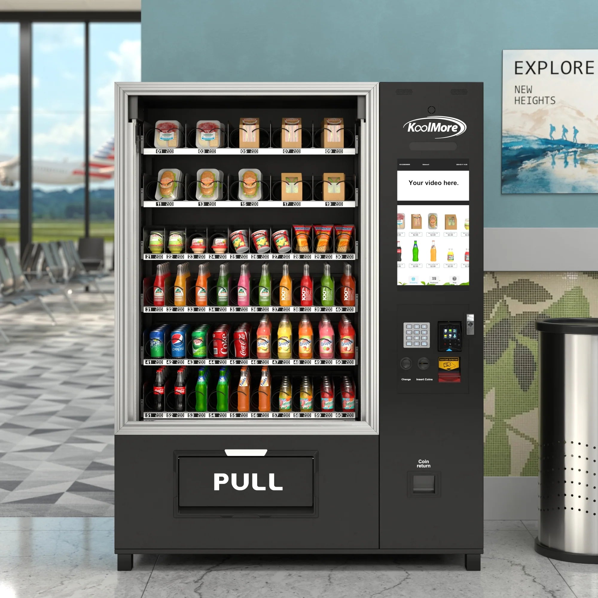 Snack Vending Machine with 21.5 Inch Touch Display, 66 Slots and Elevator-Lift Dispensing System, Refrigerated, Bill Acceptor and Credit Card Reader, Wifi and 4G Connectivity in Black