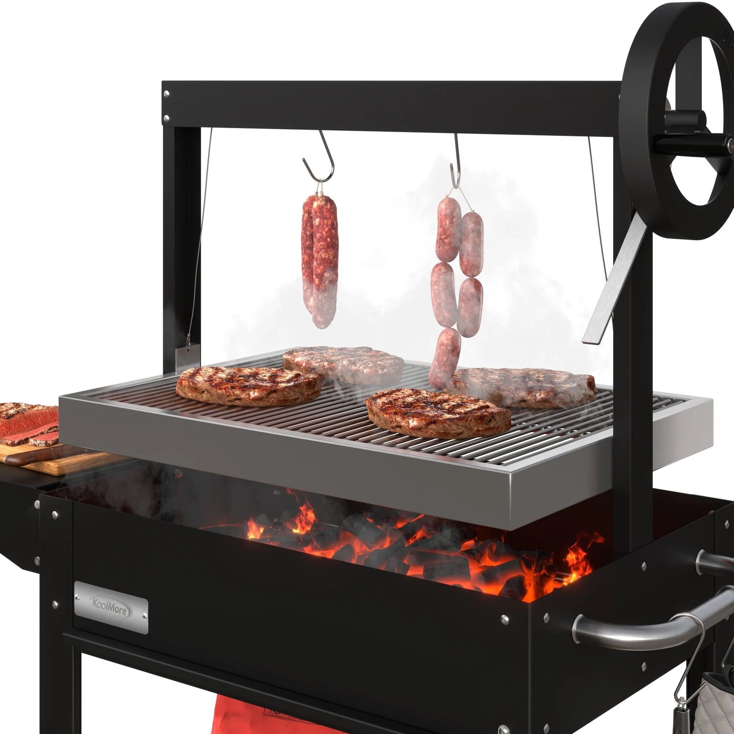 Argentine Charcoal Grill, Adjustable Grate Outdoor BBQ, in Black, 50 In.