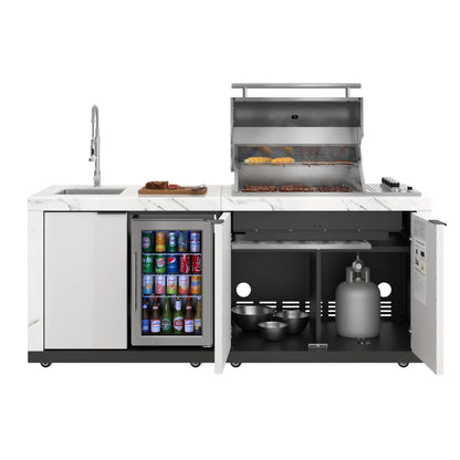 Outdoor Kitchen Suite with White Stone Counters and Sides, 4-Burner Grill, Stainless Steel Sink and Faucet, 83 In.