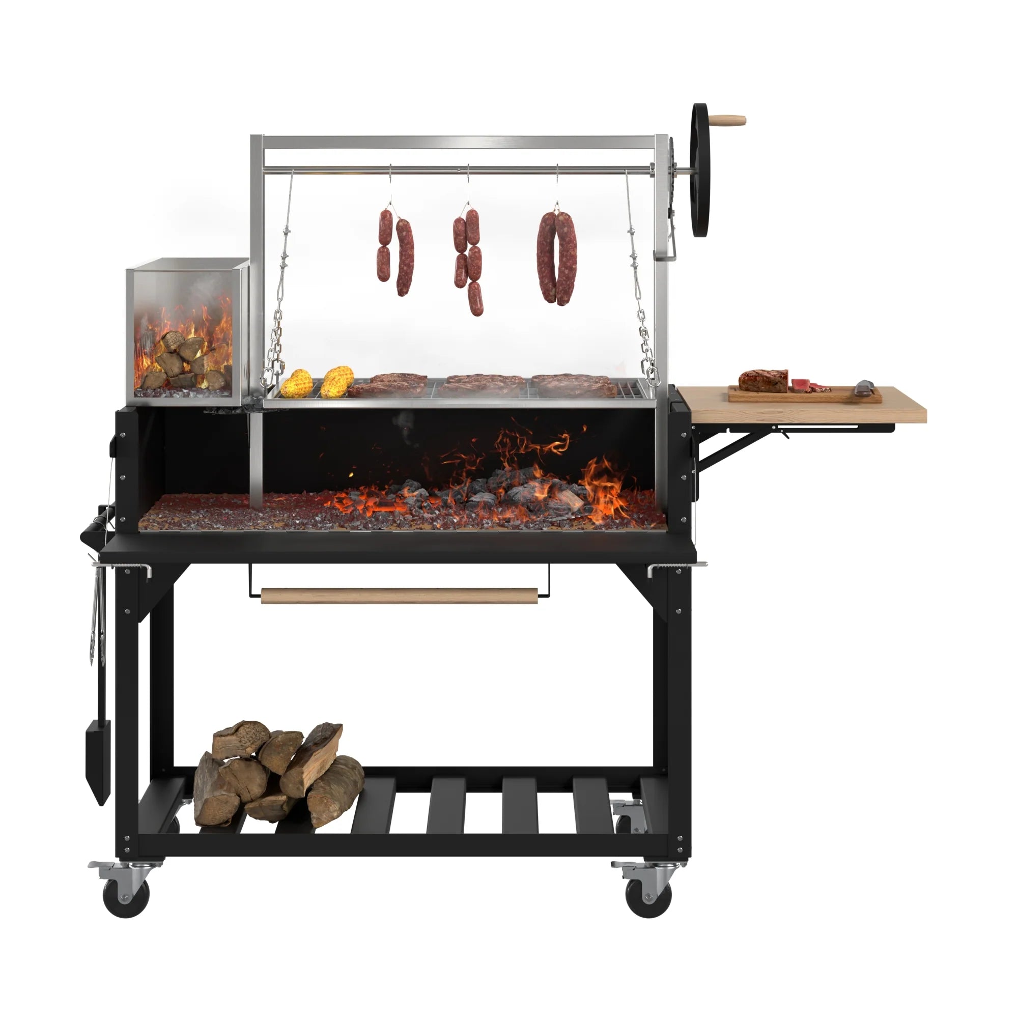 Argentine Santa Maria Charcoal and Wood Grill, Adjustable Outdoor BBQ, in Black, 72 In.