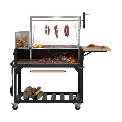 Argentine Santa Maria Charcoal and Wood Grill, Adjustable Outdoor BBQ, in Black, 72 In.