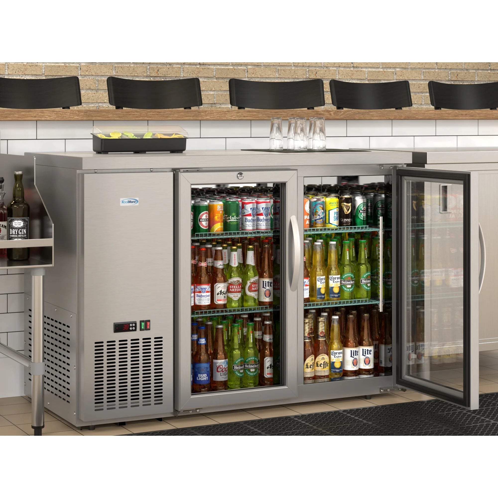 Commercial Two Glass Door Back Bar Cooler Refrigerator with Side Condenser and Compressor, LED Lighting, 11 Cu. Ft Capacity, 47 In.