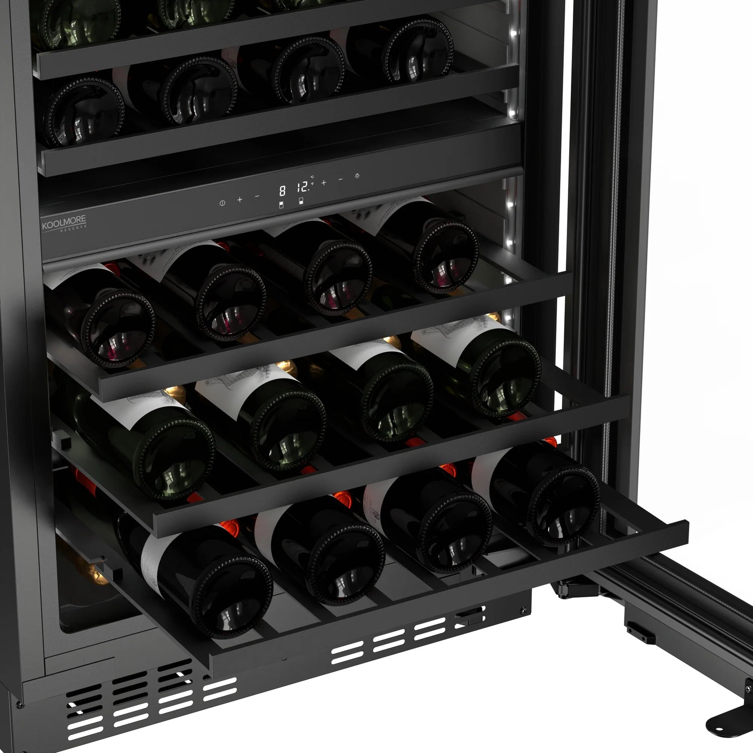 KoolMore Reserve 24 in. Under-Counter Panel Ready Dual Zone Built-in Wine Cooler with Black Shelves and 45 Bottle Capacity in Black