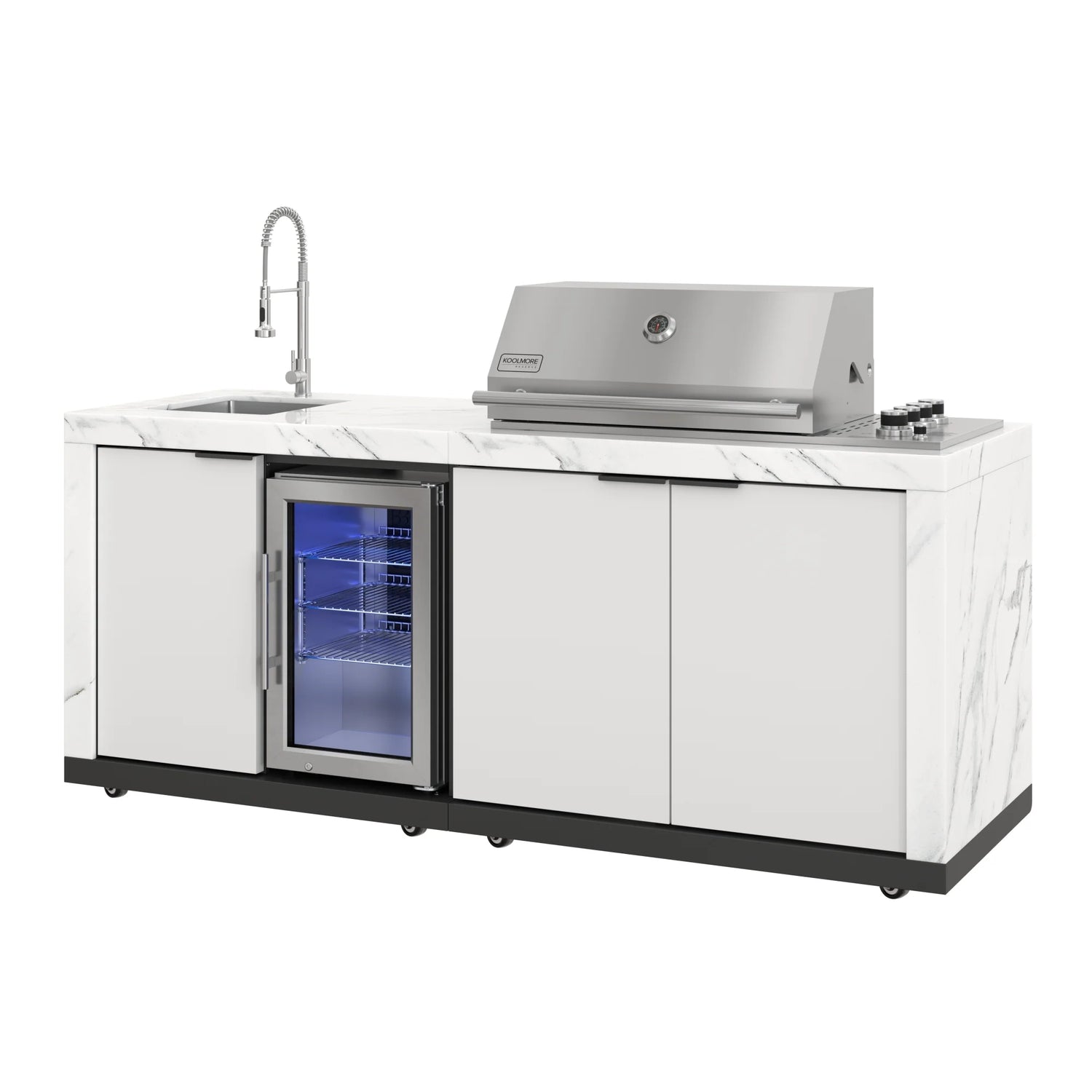 Outdoor Kitchen Suite with White Stone Counters and Sides, 4-Burner Grill, Stainless Steel Sink and Faucet, 83 In.