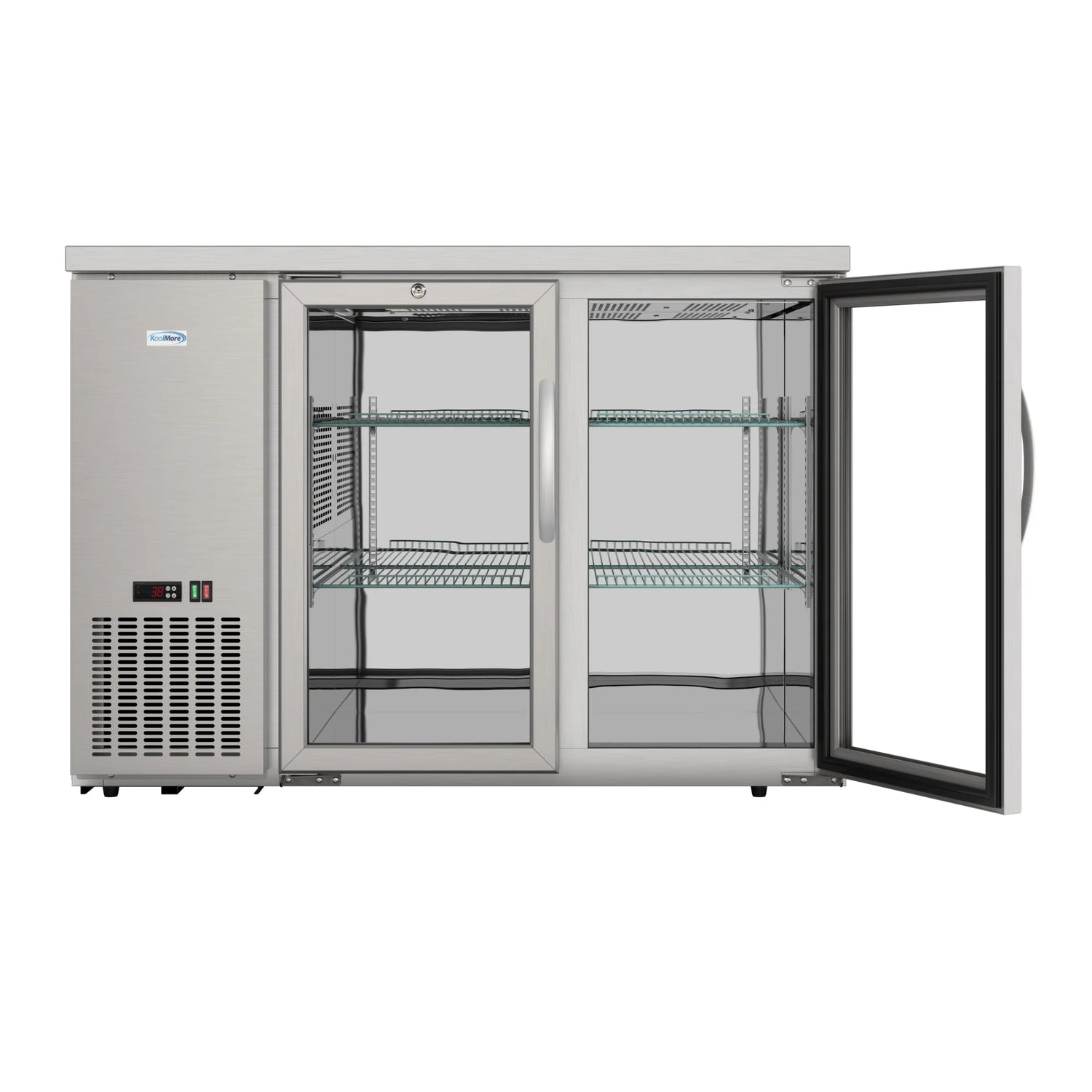 Commercial Two Glass Door Back Bar Cooler Refrigerator with Side Condenser and Compressor, LED Lighting, 11 Cu. Ft Capacity, 47 In.