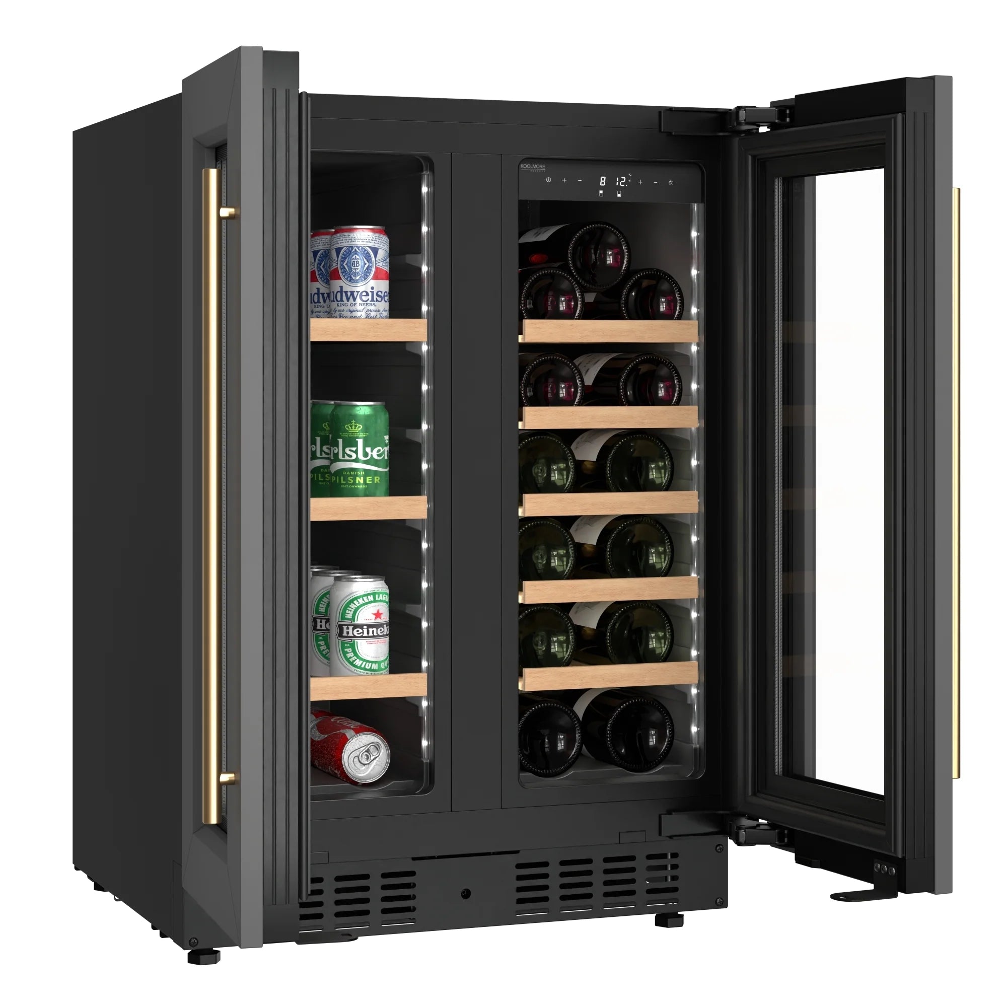 KoolMore Reserve 24 in. French Door Dual Zone Panel Ready Under-Counter Cooler with Wooden Shelves and 20 Bottle Capacity in the Right Zone and 2.1 Cu. Ft. on the Left in Black