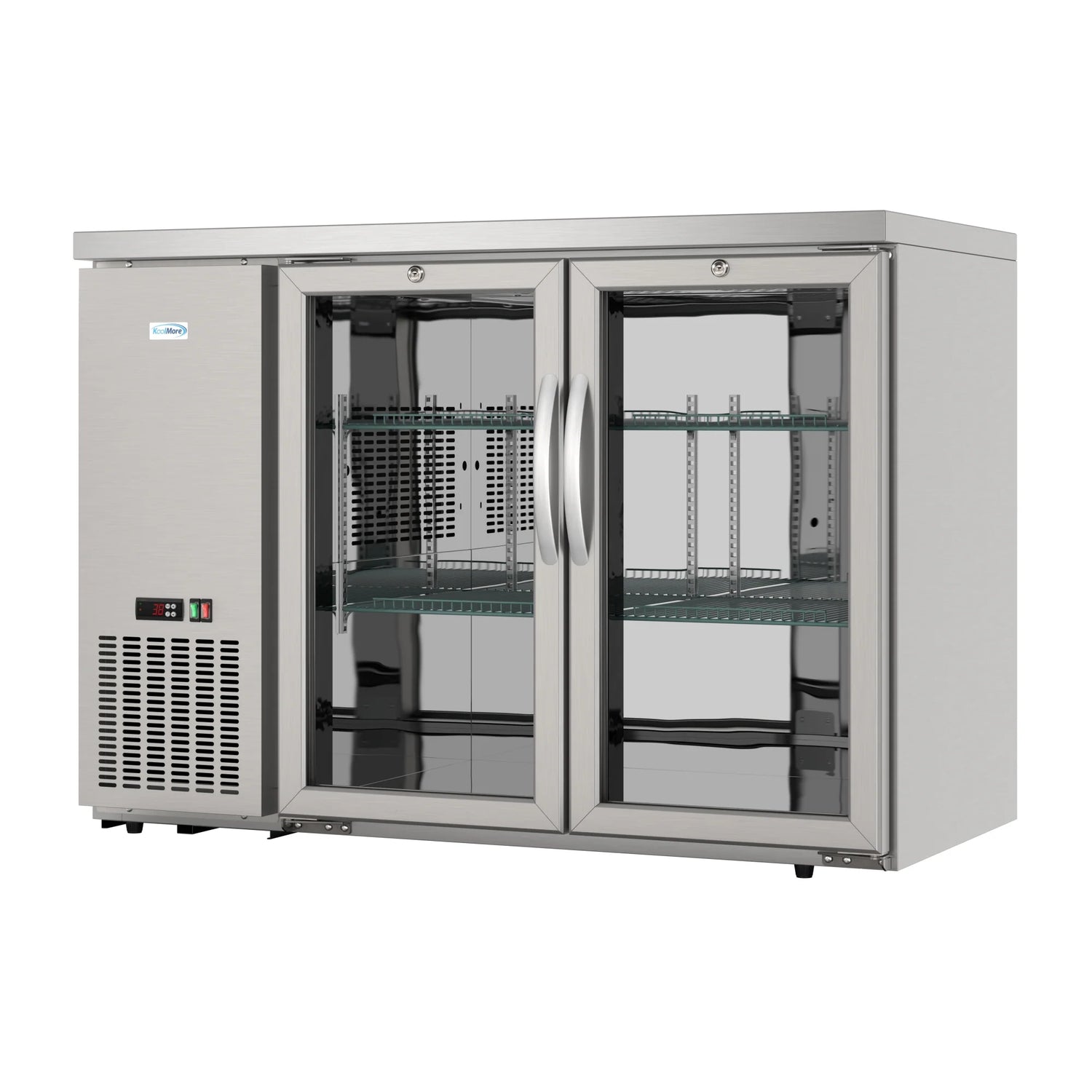Commercial Two Glass Door Back Bar Cooler Refrigerator with Side Condenser and Compressor, LED Lighting, 11 Cu. Ft Capacity, 47 In.