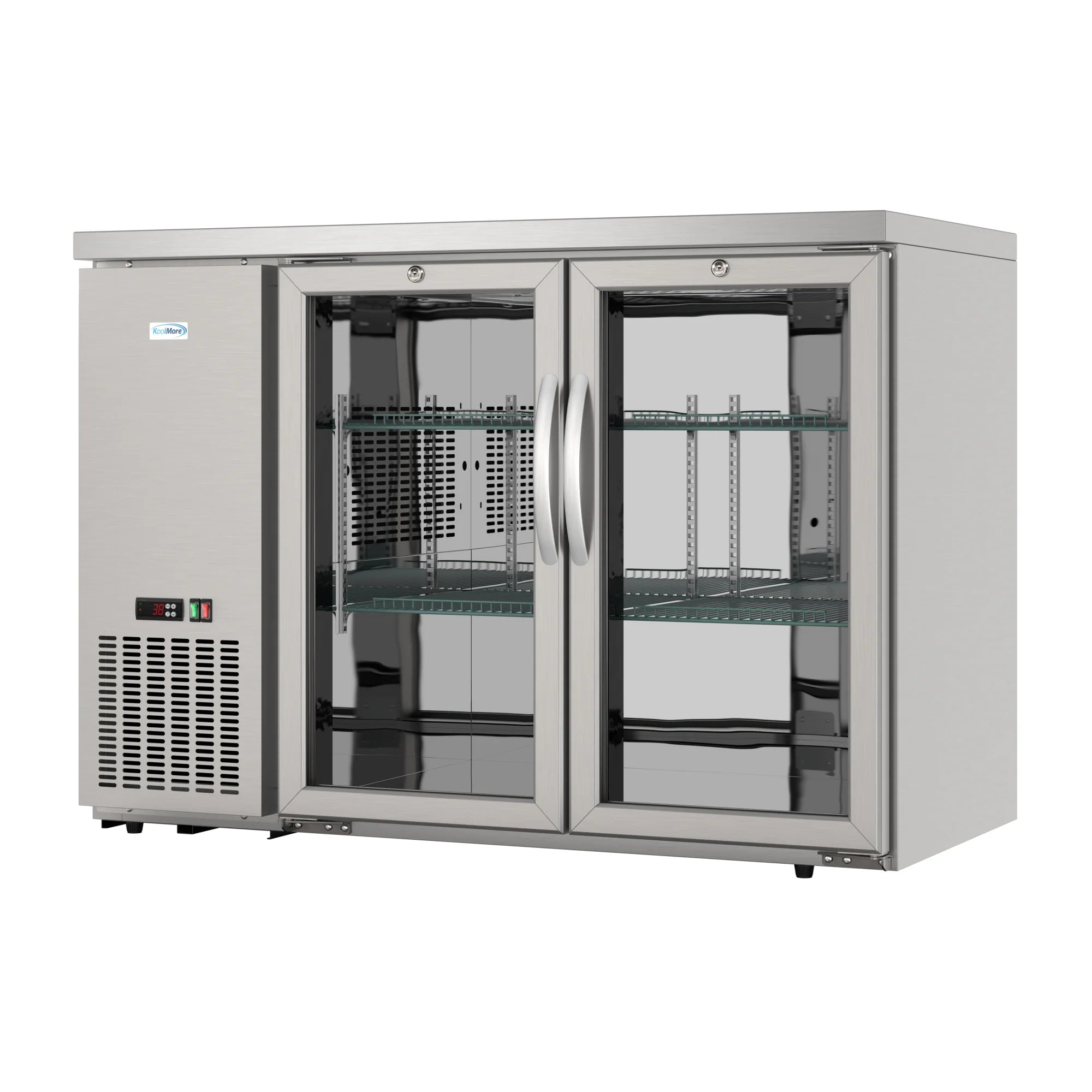 Commercial Two Glass Door Back Bar Cooler Refrigerator with Side Condenser and Compressor, LED Lighting, 11 Cu. Ft Capacity, 47 In.