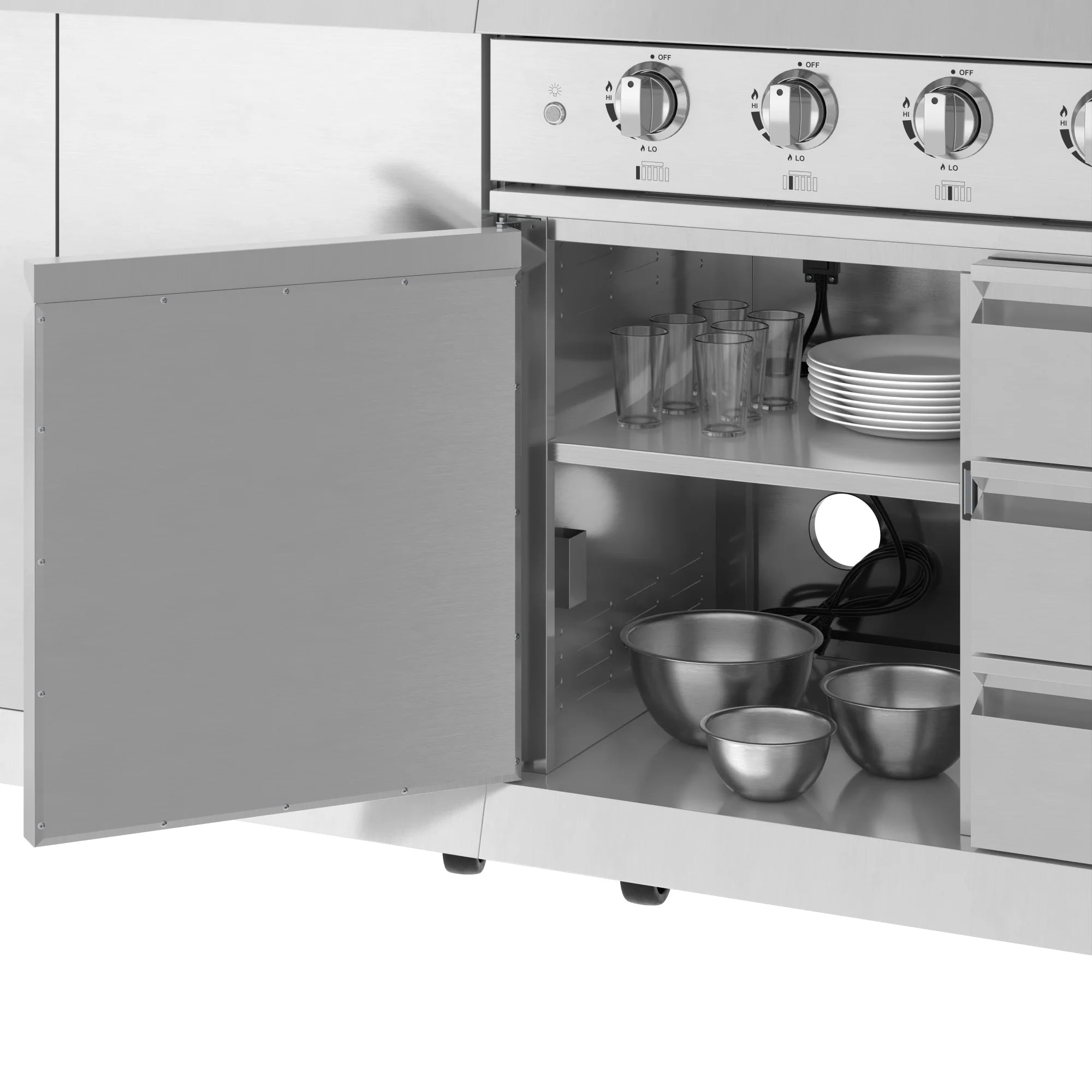 KoolMore Reserve Outdoor Kitchen Island with 6 Burner Grill and Side Burner, Sink, Storage Cabinet and Beverage Refrigerator in Stainless-Steel