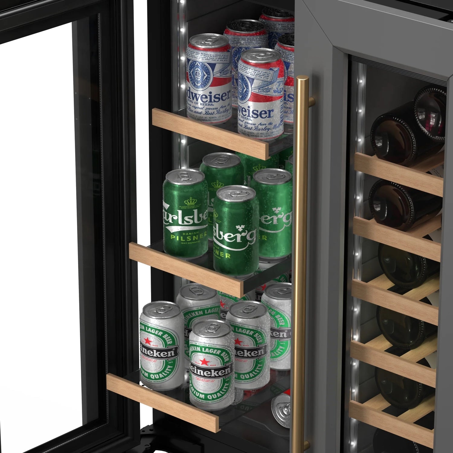 KoolMore Reserve 24 in. French Door Dual Zone Panel Ready Under-Counter Cooler with Wooden Shelves and 20 Bottle Capacity in the Right Zone and 2.1 Cu. Ft. on the Left in Black