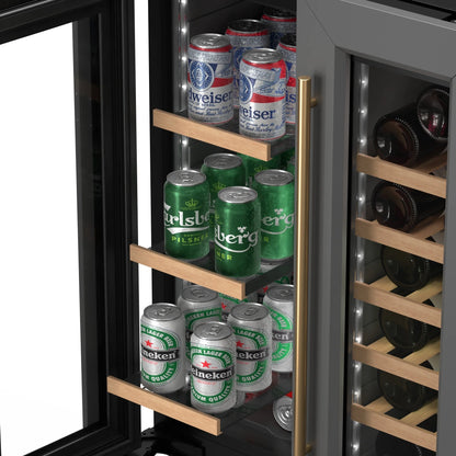 KoolMore Reserve 24 in. French Door Dual Zone Panel Ready Under-Counter Cooler with Wooden Shelves and 20 Bottle Capacity in the Right Zone and 2.1 Cu. Ft. on the Left in Black
