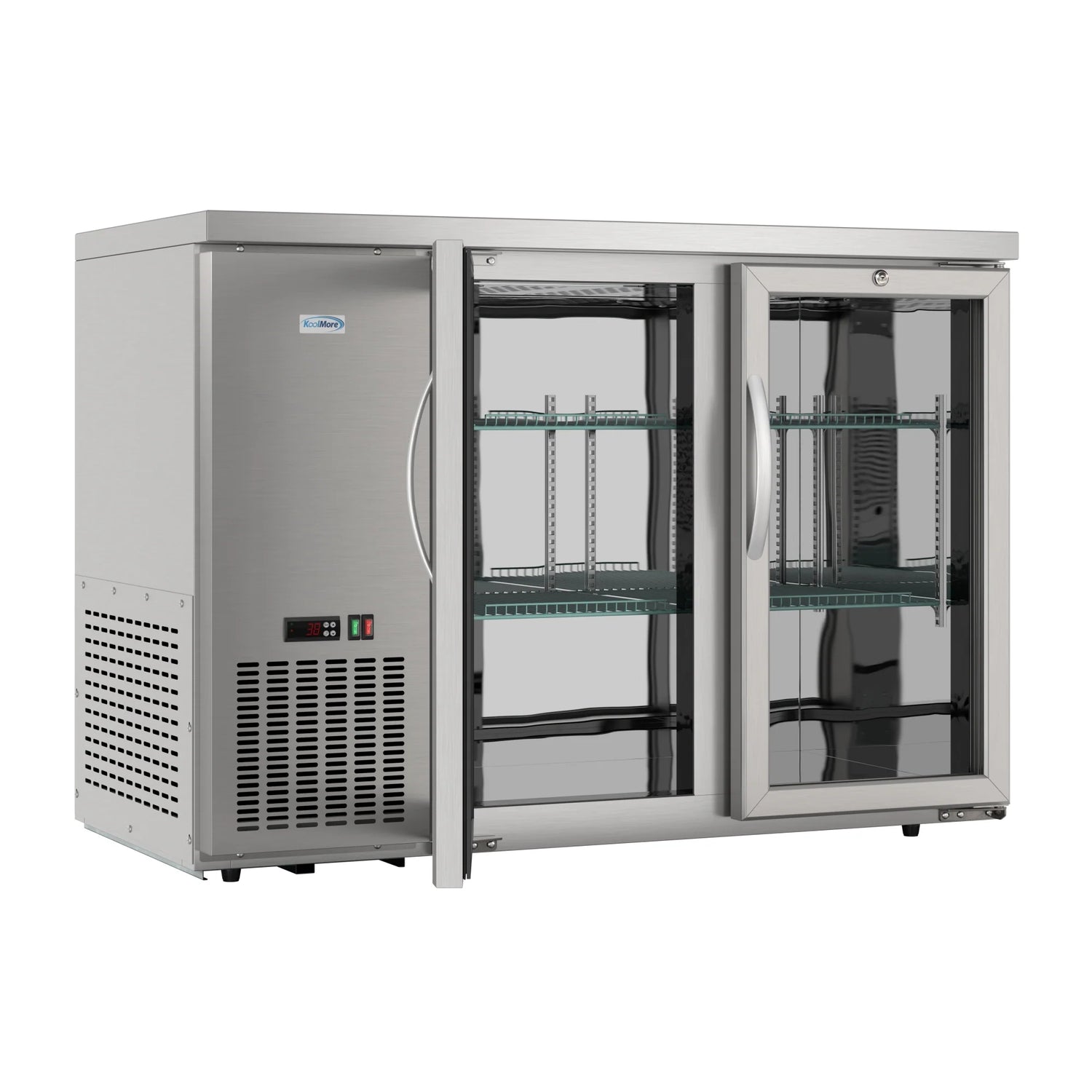 Commercial Two Glass Door Back Bar Cooler Refrigerator with Side Condenser and Compressor, LED Lighting, 11 Cu. Ft Capacity, 47 In.