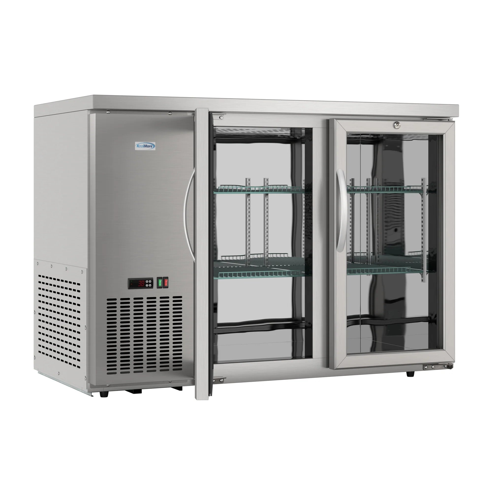 Commercial Two Glass Door Back Bar Cooler Refrigerator with Side Condenser and Compressor, LED Lighting, 11 Cu. Ft Capacity, 47 In.