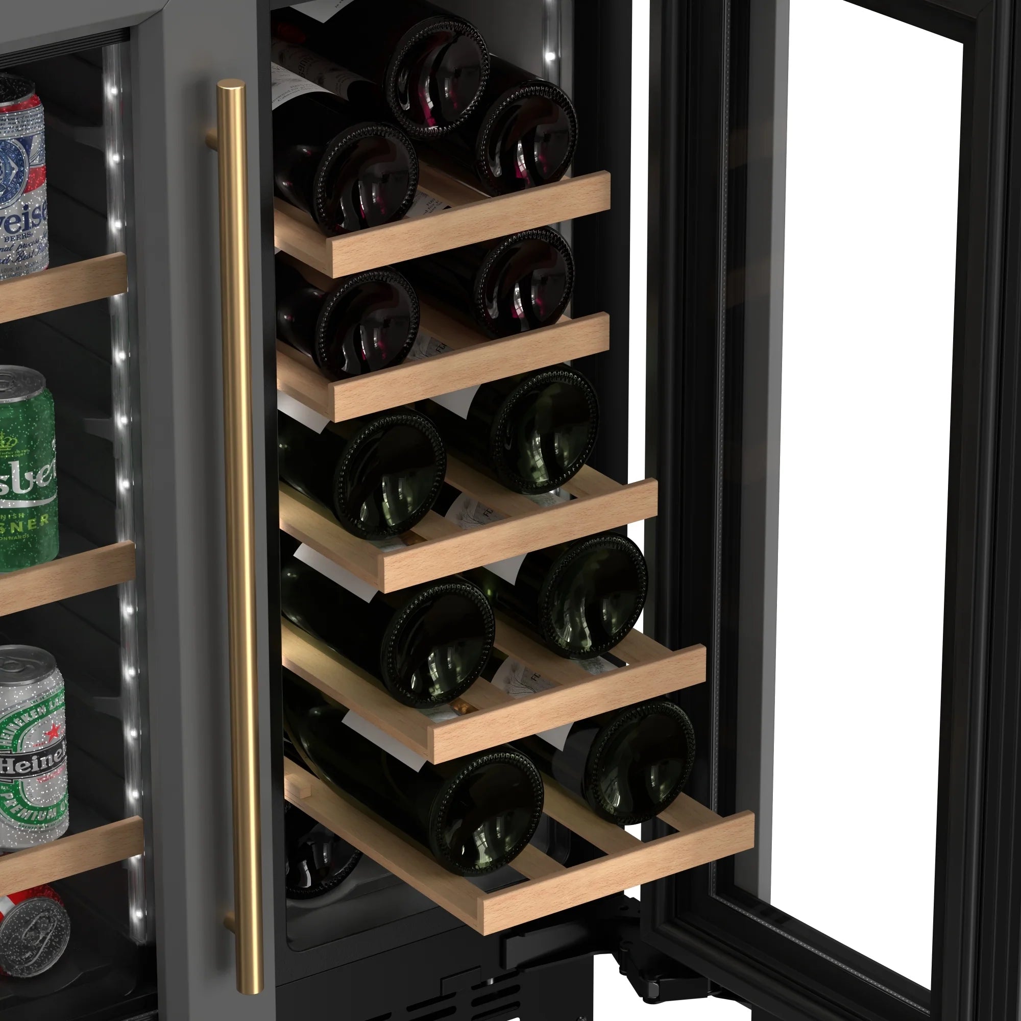KoolMore Reserve 24 in. French Door Dual Zone Panel Ready Under-Counter Cooler with Wooden Shelves and 20 Bottle Capacity in the Right Zone and 2.1 Cu. Ft. on the Left in Black