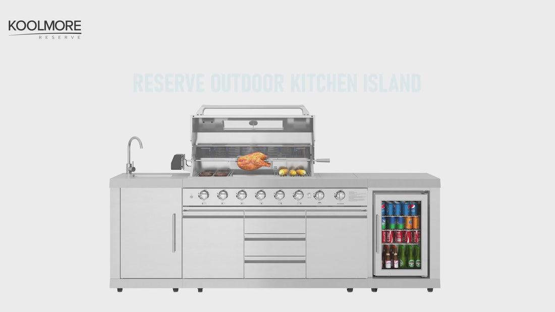 KoolMore Reserve Outdoor Kitchen Island with 6 Burner Grill and Side Burner, Sink, Storage Cabinet and Beverage Refrigerator in Stainless-Steel