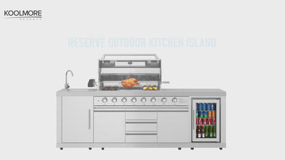 KoolMore Reserve Outdoor Kitchen Island with 6 Burner Grill and Side Burner, Sink, Storage Cabinet and Beverage Refrigerator in Stainless-Steel